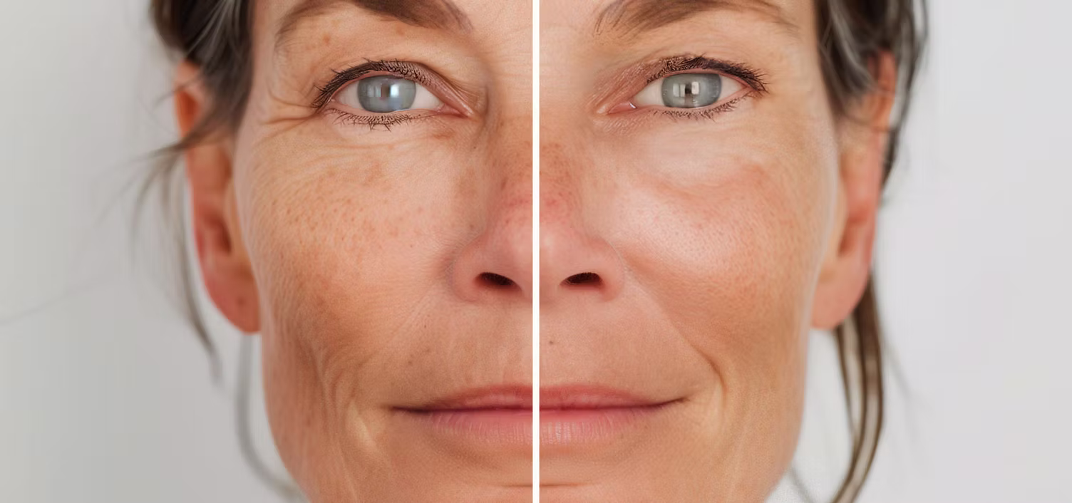 Split image comparing smoother skin with more aged skin on a woman's face
