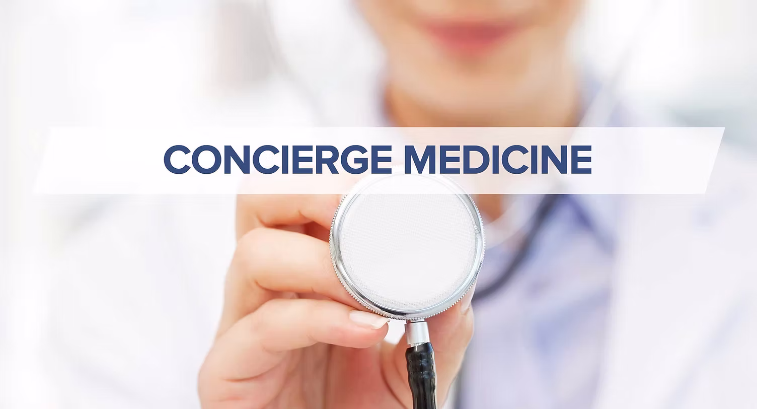 Doctor holding a stethoscope beside the words Concierge Medicine
