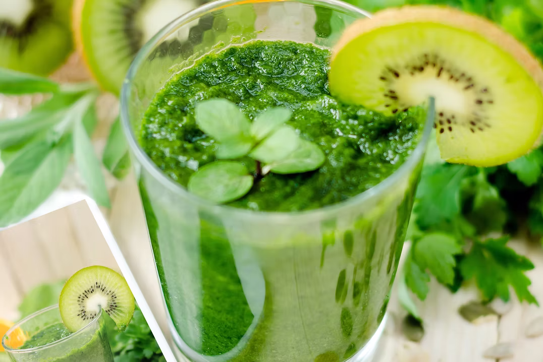 Green detox smoothie made with leafy greens and kiwi