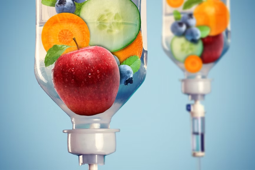 IV drip bags filled with fruit and vegetables, representing IV vitamin therapy
